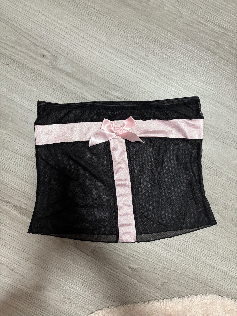 Frederick's of Hollywood Black Mesh Bandeau with Pink Satin Bow
